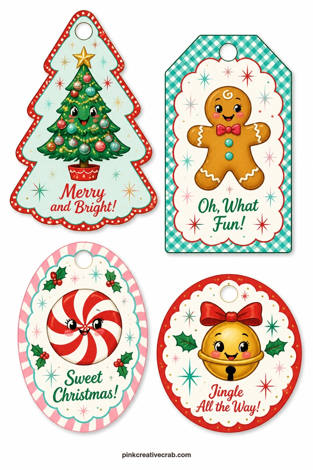 Gingerbread And Peppermint Tags printable page — Tree-shaped tag with tiny baubles, luggage tag with a gingerbread man, oval label with a peppermint swirl and