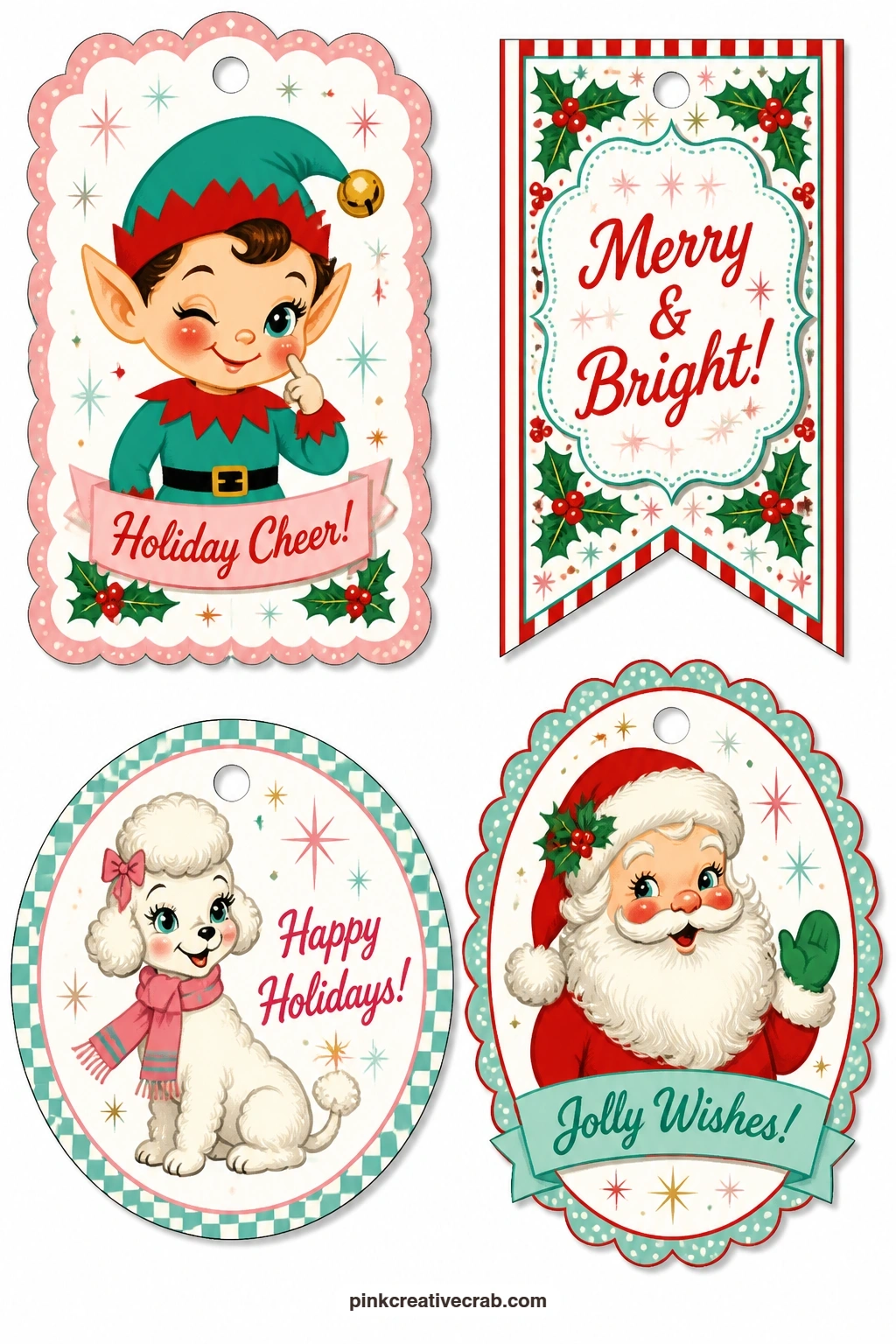 Winking Elf Tags printable page — Scalloped rectangle with a winking elf, banner label with holly berries and a round tag with a poodle in a scarf give this