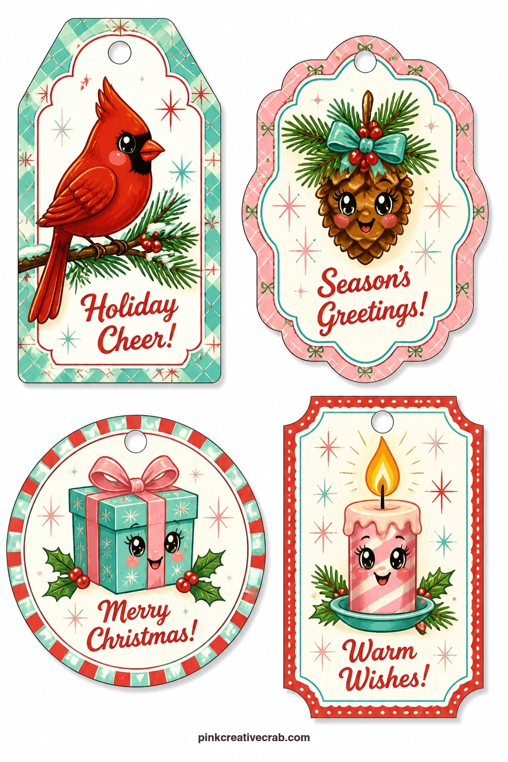 Cardinal And Candle Tags printable page — Luggage tag with a cardinal on a branch, bracket label with a pine cone, round tag with a gift box and a ticket tag