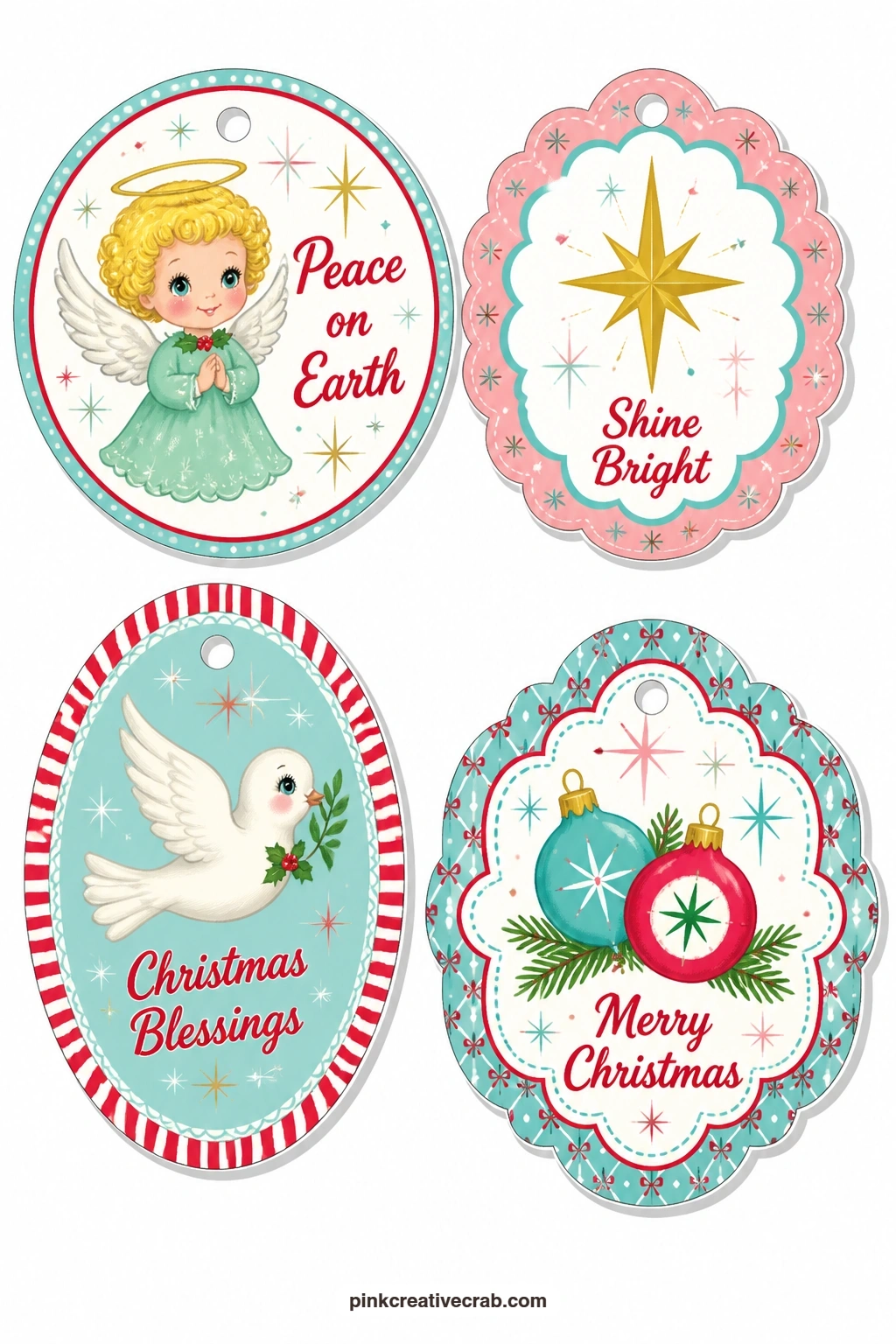 Angel And Dove Tags printable page — Round tag with a spaghetti-haired angel, scalloped tag with a gold star and an oval label with a white dove bring a