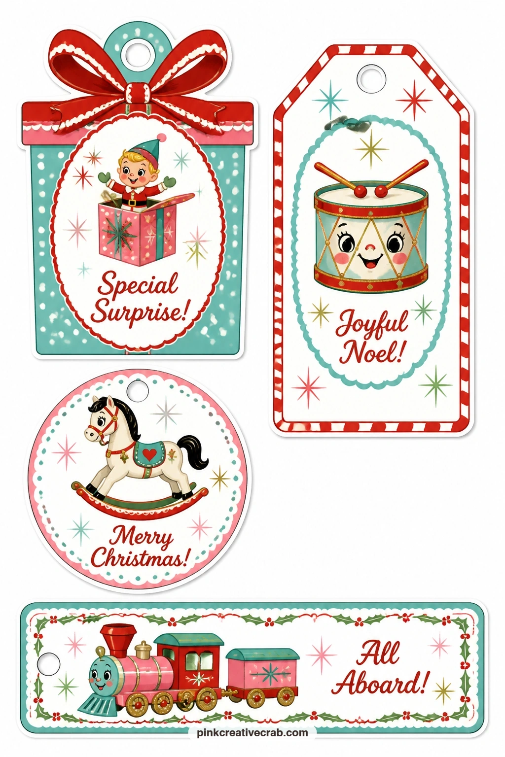 Toy Drum And Rocking Horse Tags printable page — Gift-box tag with polka dots, luggage tag with a toy drum, round tag with a rocking horse and a long label