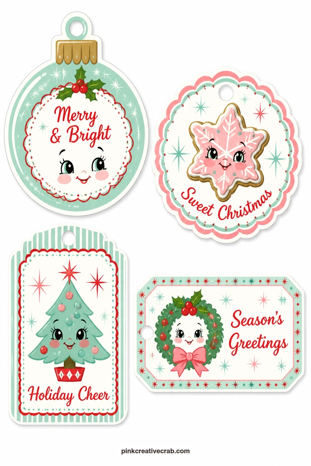 Mint Bauble And Cookie Tags printable page — Mint-colored bauble-shaped tag, scalloped circle with a frosted cookie and a rectangular label with a small wreath