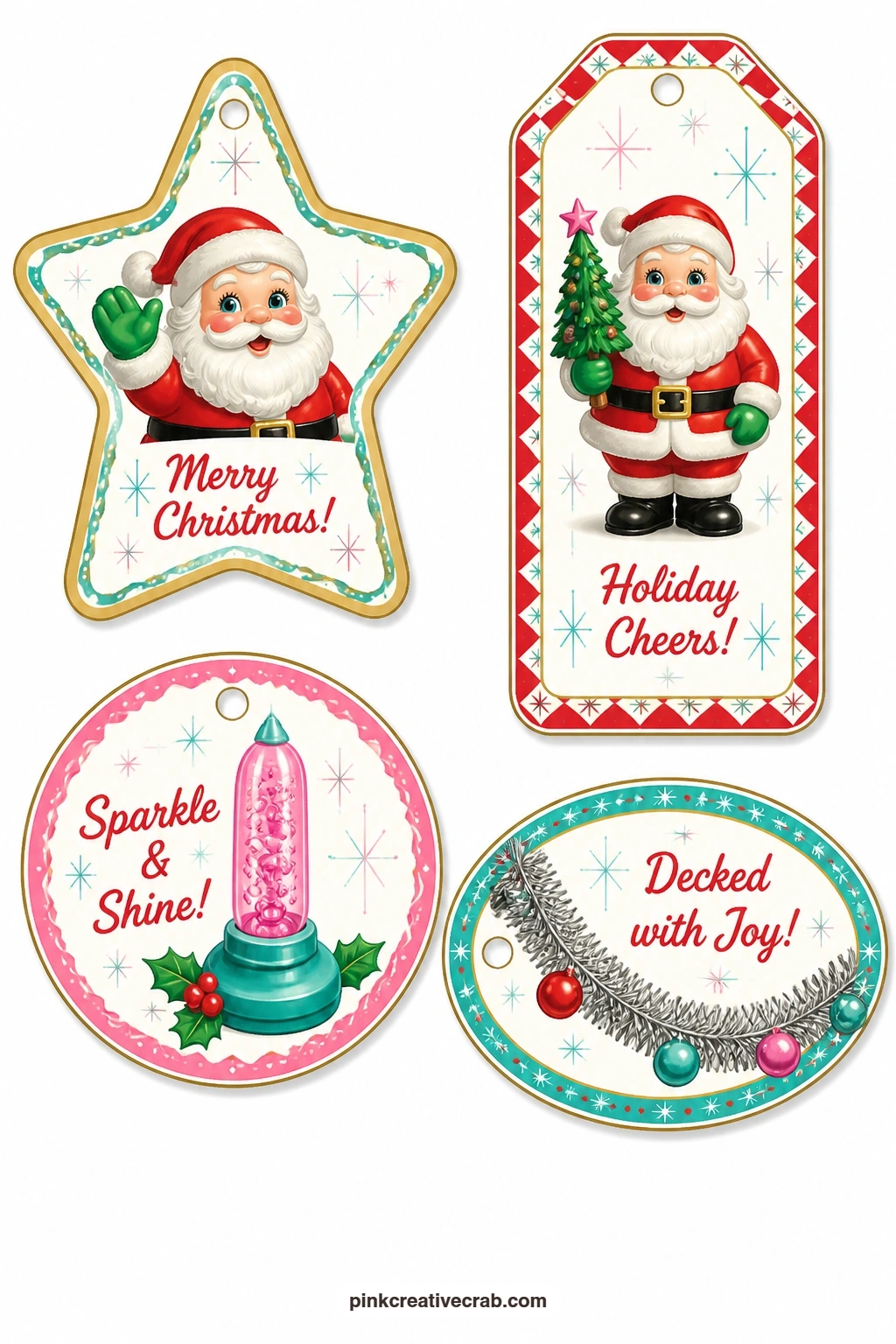 Blow-Mold Santa Tags printable page — Gold-edged star tag, luggage tag with a blow-mold Santa, round tag with a bubble light and an oval label with a tinsel
