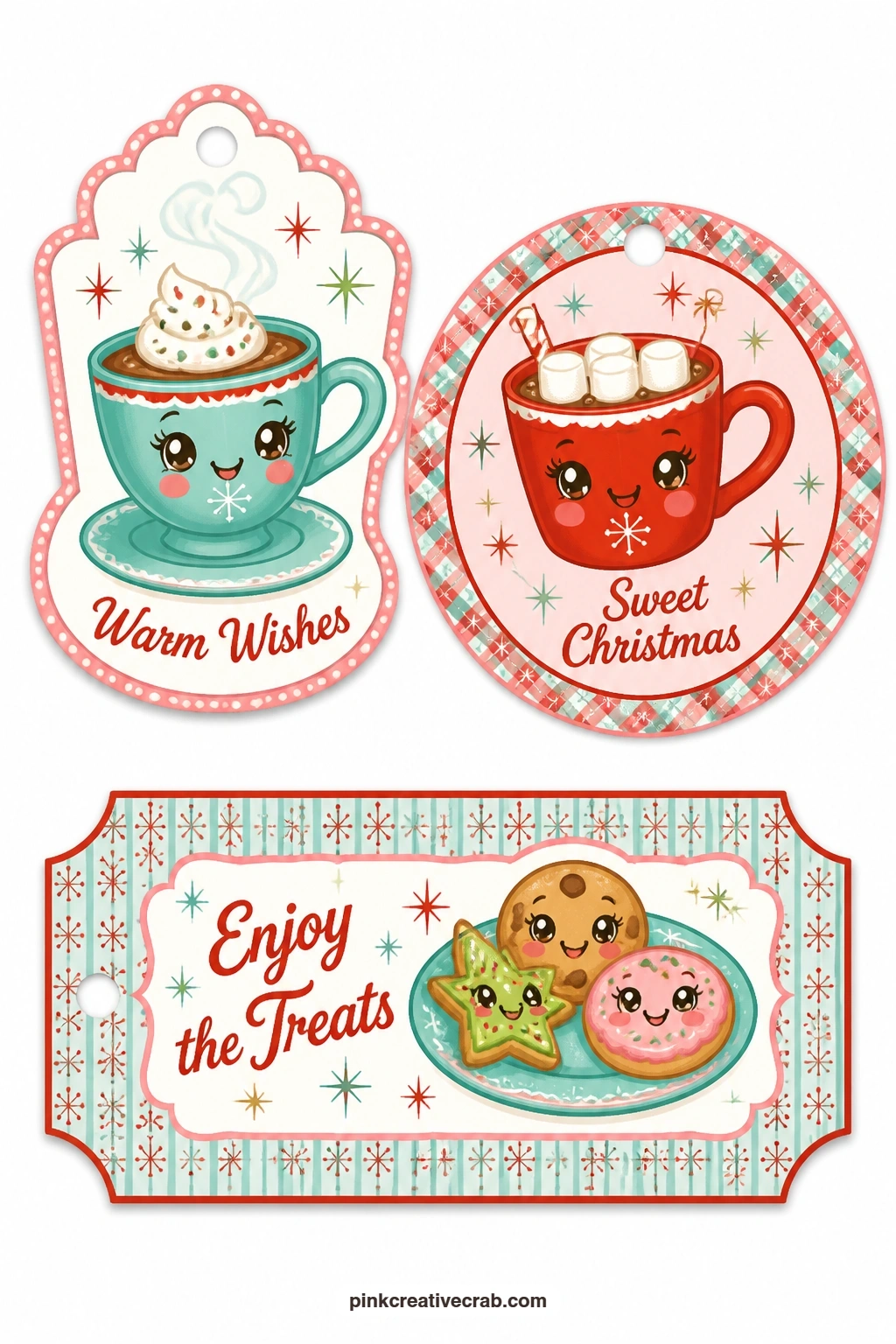 Cocoa Mug Tags printable page — Teacup-shaped tag with steam, round tag with a cocoa mug and marshmallows and a ticket tag with a cookie plate suit any gift
