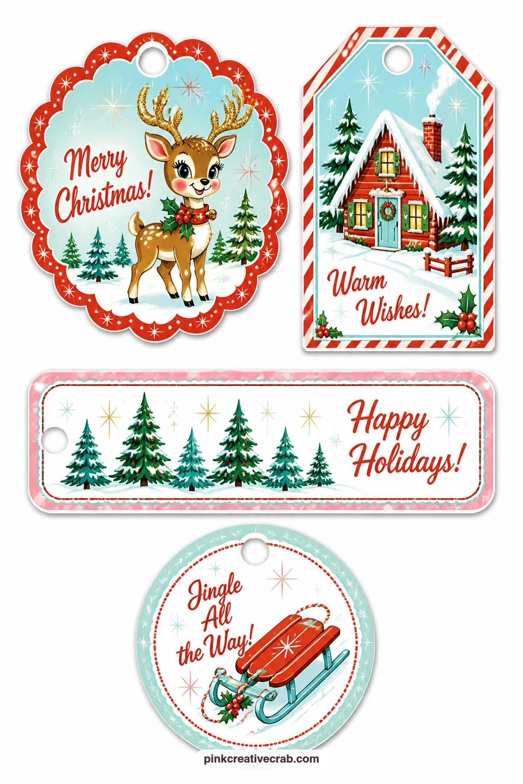 Snowy Cabin Tags printable page — Scalloped tag with a glitter deer, luggage tag with a snowy cabin, long label with pine trees and a round tag with a sled