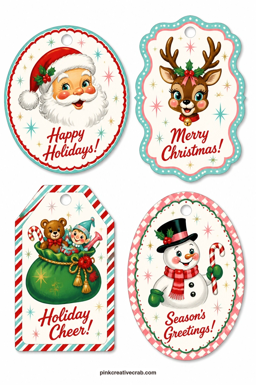 Jolly Santa Tags printable page — Round tag with a jolly Santa face, bracket label with reindeer antlers and a luggage tag with a sack of toys give the classic