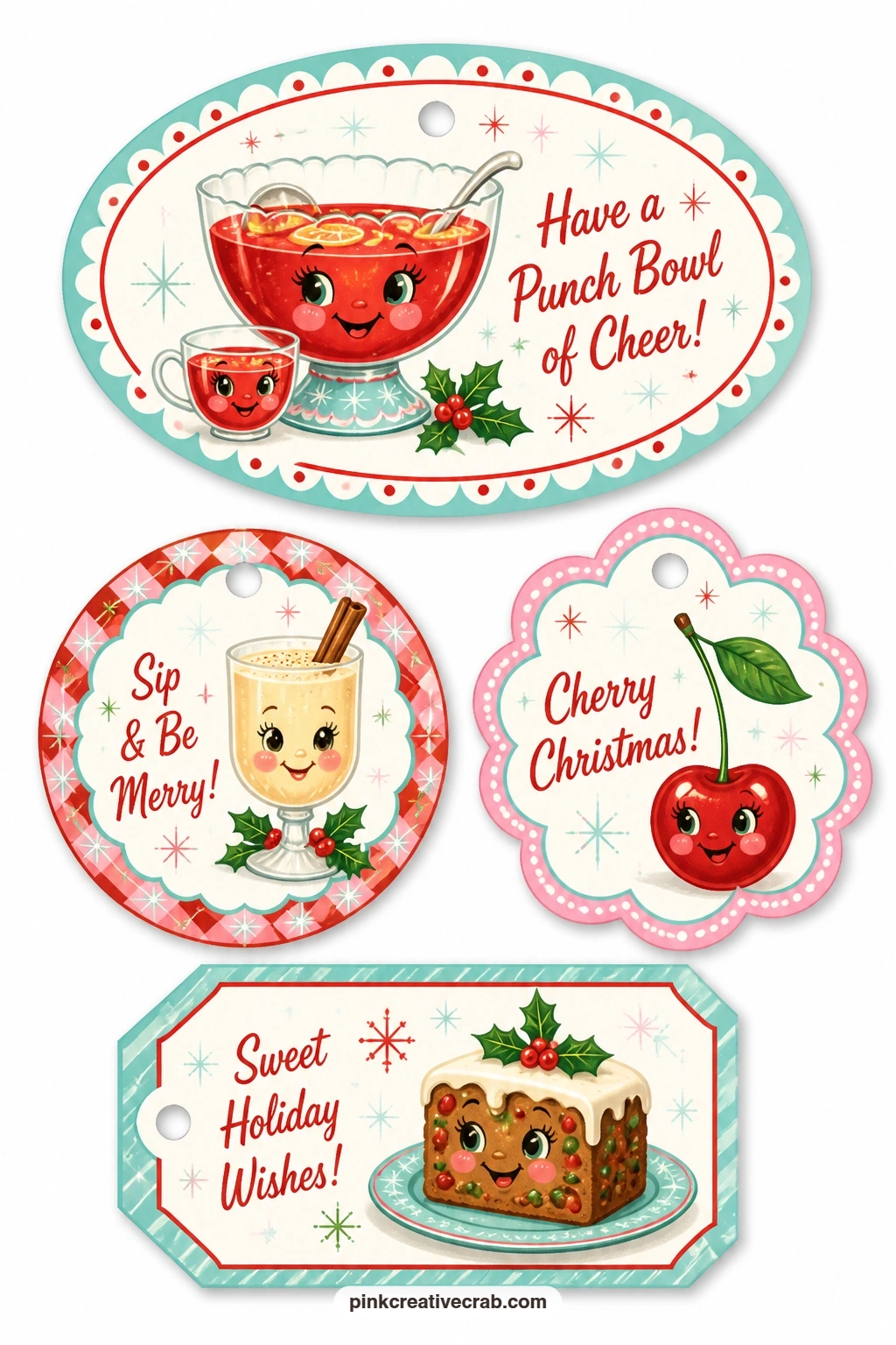 Punch Bowl Party Tags printable page — Oval label with a punch bowl, round tag with an eggnog glass, scalloped tag with a cocktail cherry and a luggage tag