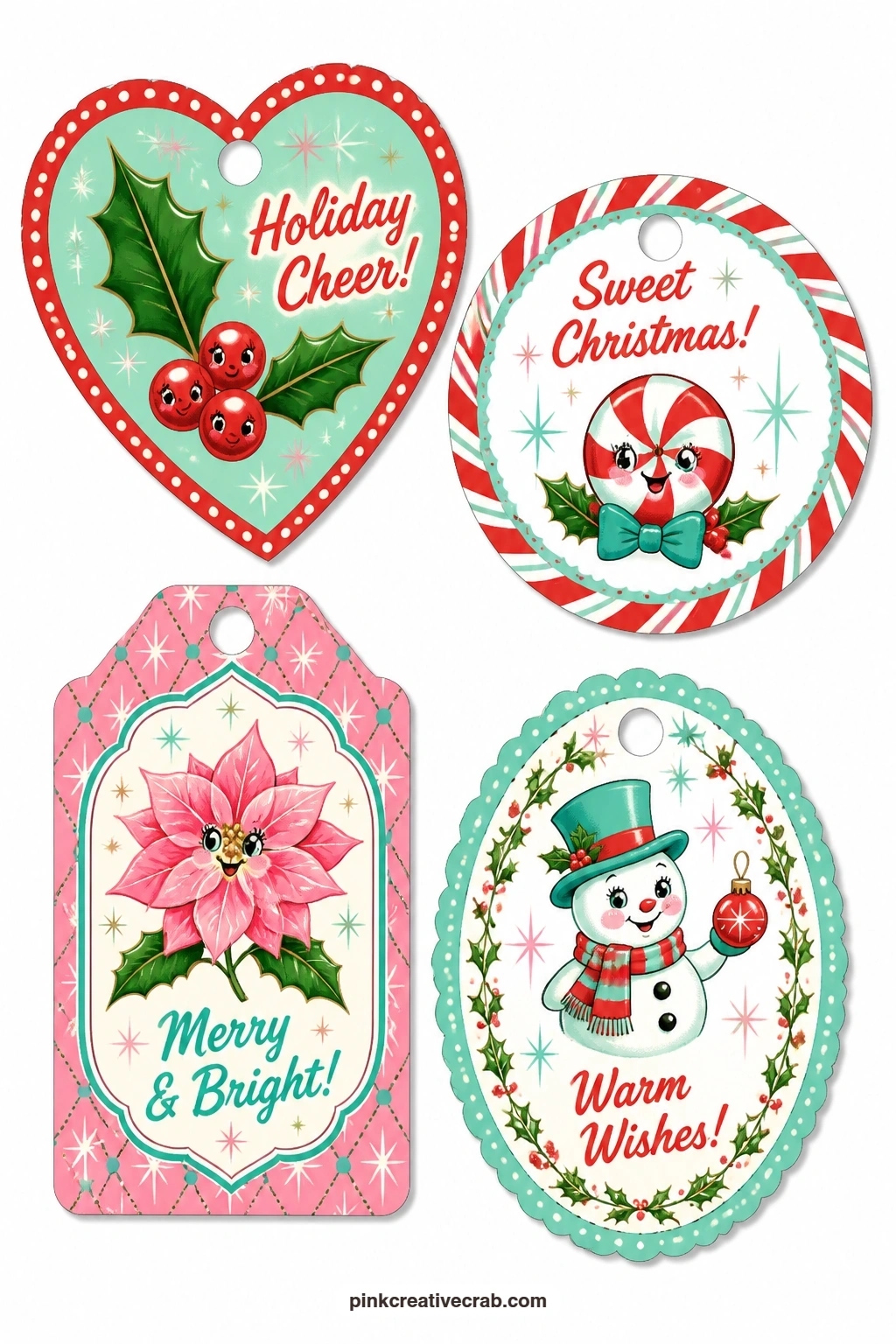 Heart And Poinsettia Tags printable page — Heart-shaped tag with a holly leaf, round tag with a candy-stripe border and a luggage tag with a pink poinsettia