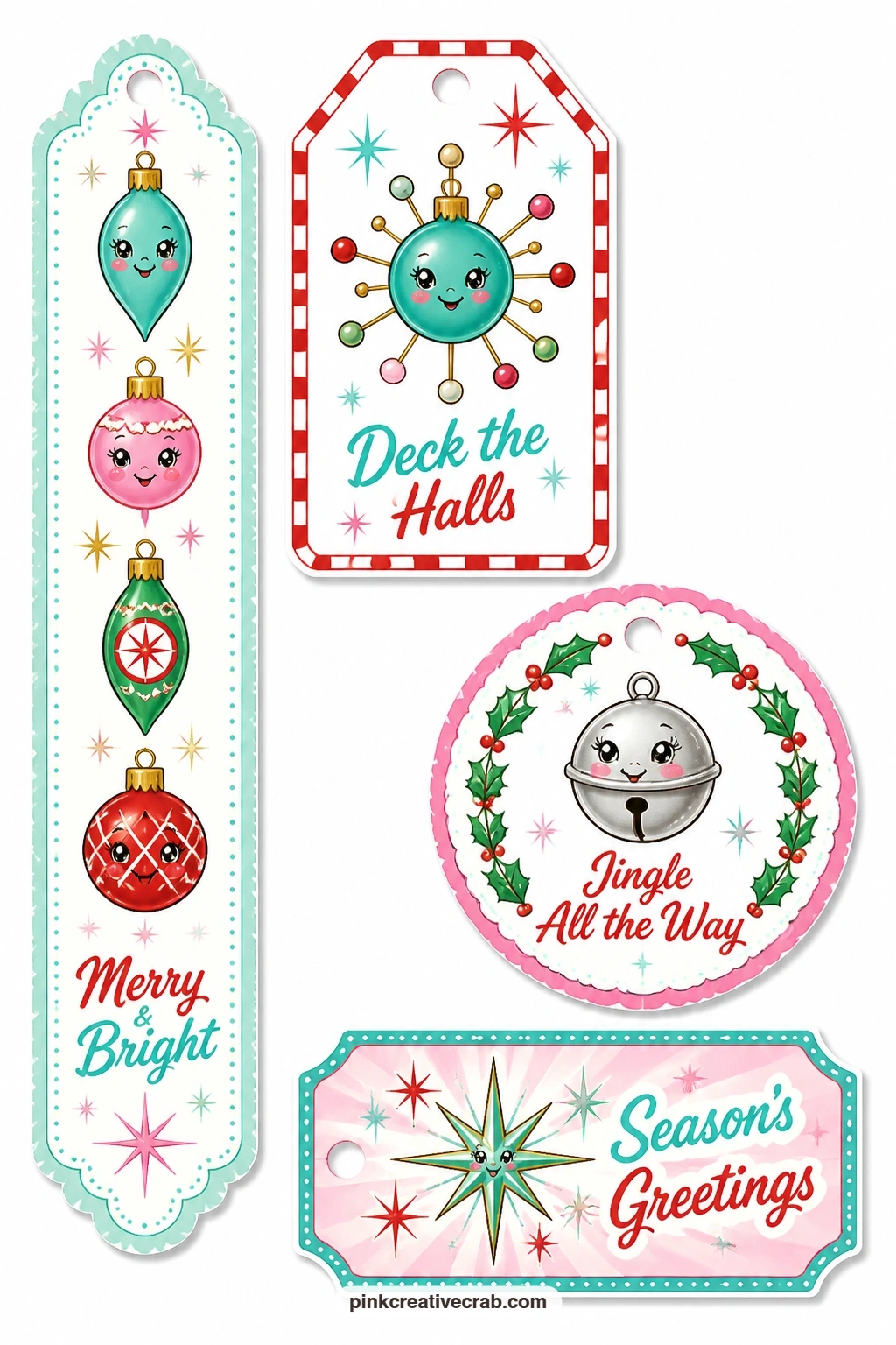 Bookmark Ornament Tags printable page — Bookmark strip with a column of tiny ornaments, luggage tag with a sputnik ornament, round tag with a silver bell and a