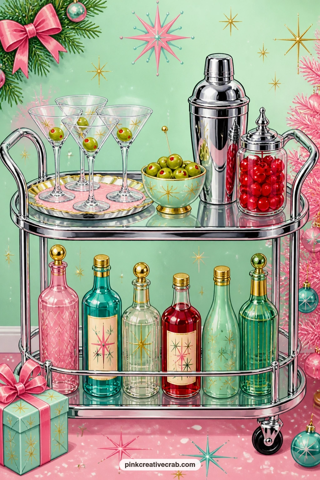Chrome Cocktail Cart printable page — Pair this page with the martini olive and starburst background from this set: use the background as a pocket behind the