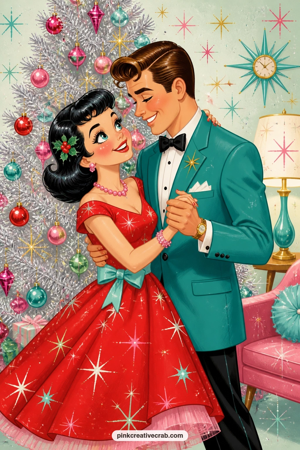 Dancing By The Tinsel Tree printable page — A couple dances cheek to cheek in front of a silver tinsel tree strung with ornaments, gold stars drifting around