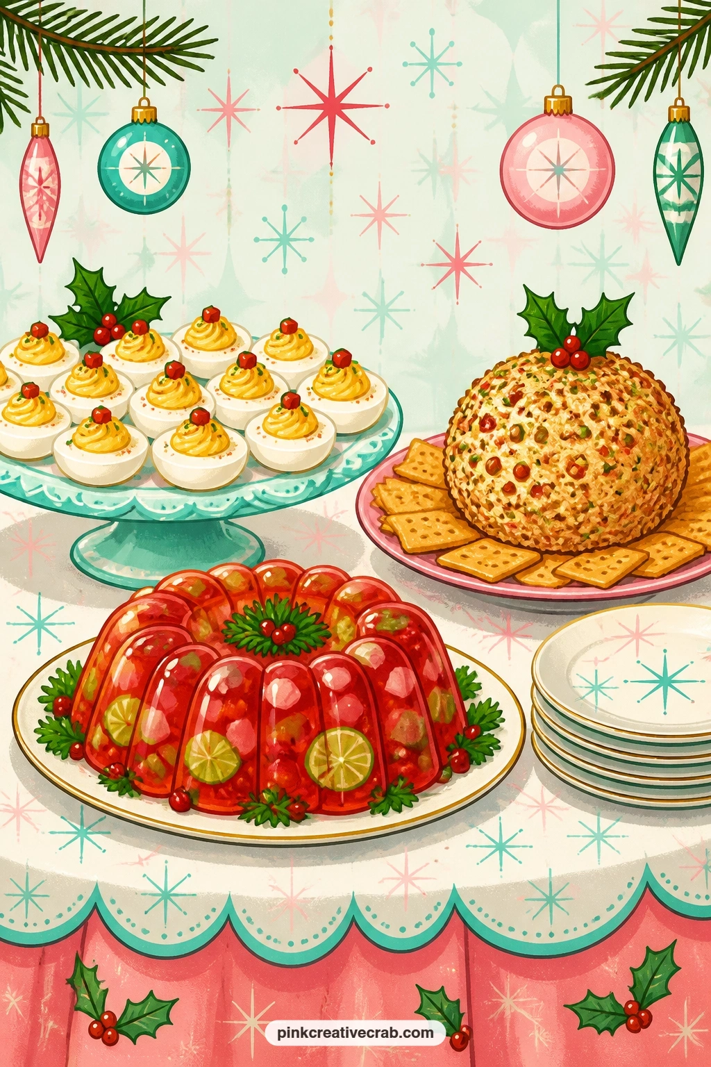 Retro Buffet Table printable page — The usual mistake on a buffet page is cramming every dish edge to edge until nothing reads clearly. Retro christmas party