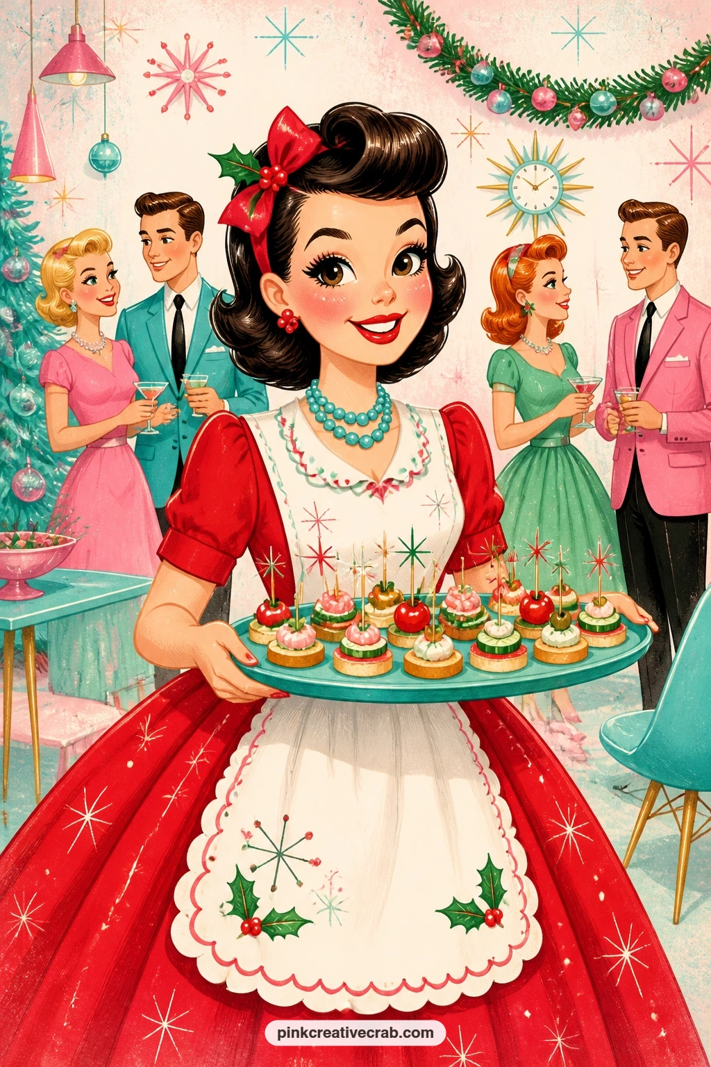 Hostess With Canape Tray printable page — Carrying a tray of tiny canapes, a hostess in a full red skirt sweeps through the room with a bright smile and a