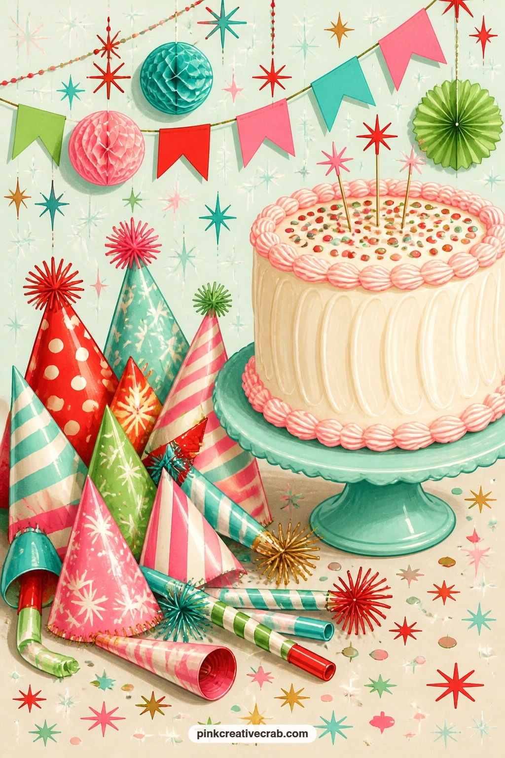 Party Hats And Frosted Cake printable page — A pile of paper party hats and noisemakers sits beside a tall frosted cake topped with candy sprinkles, ready for