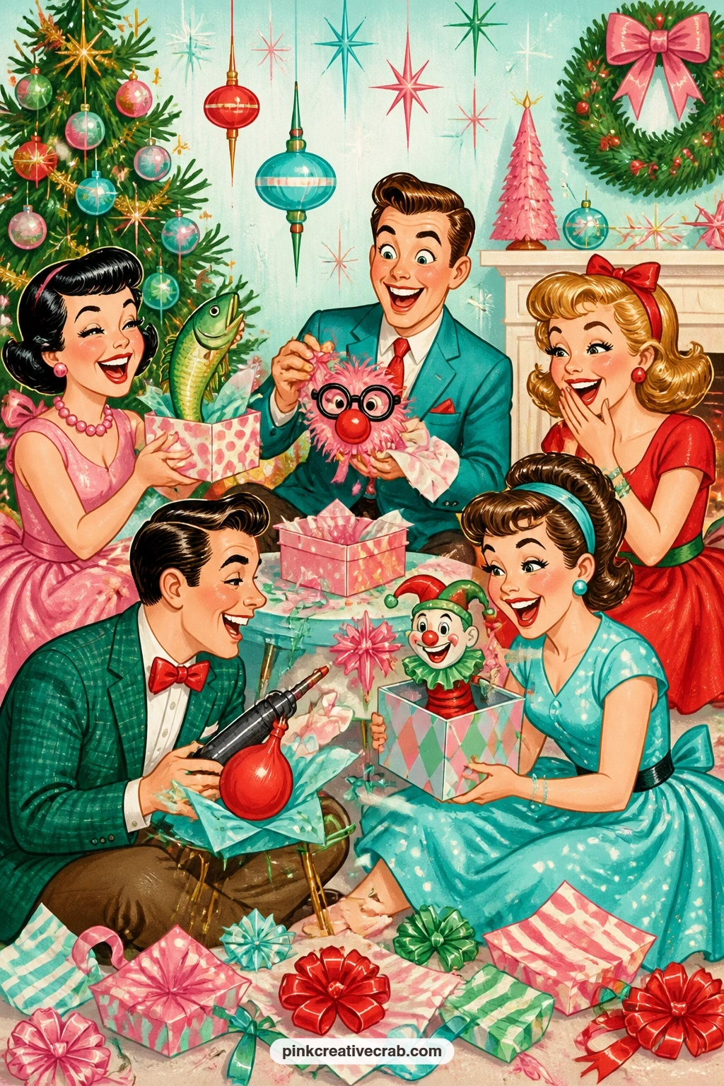 Gift Exchange Laughter printable page — Try the five minute version of this page: sketch just two or three faces mid laugh around a pile of wrapped gifts, then