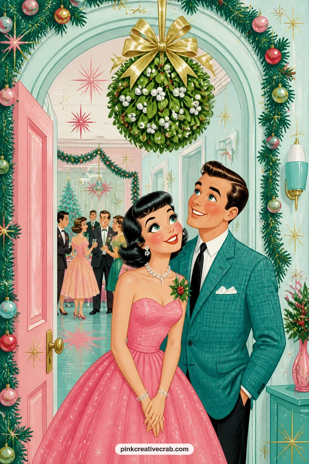 Mistletoe Ball Doorway printable page — A round mistletoe ball hangs from a doorway with gold ribbon, while a couple pauses beneath it, caught in a shy and