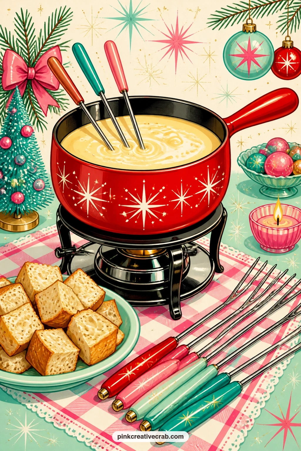 Fondue Pot And Forks printable page — Bubbling gently on its stand, a fondue pot sits ready with cubes of bread and a fan of long forks laid beside it on a