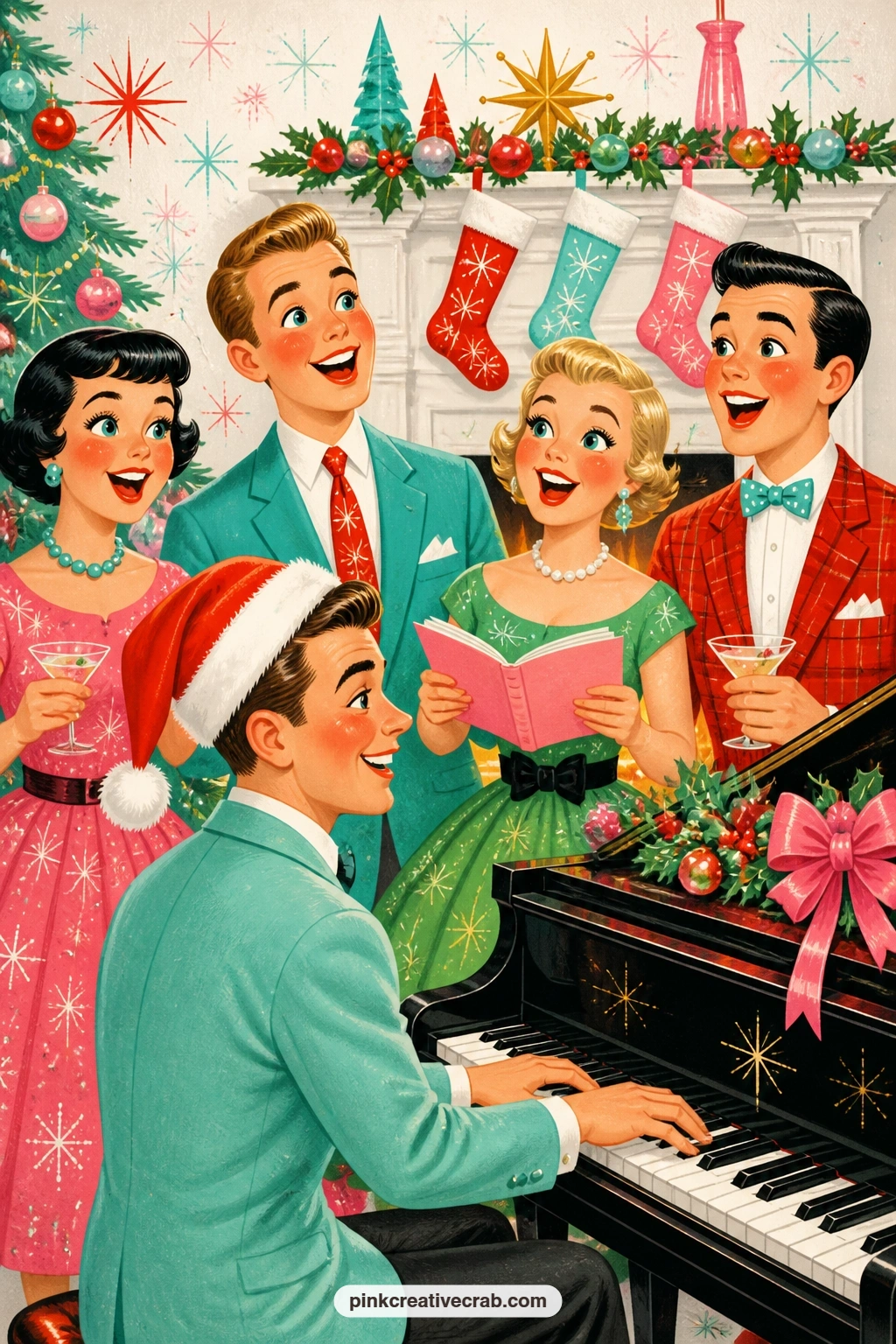 Santa Hat At The Piano printable page — A man in a Santa hat plays the piano while friends gather close to sing, their mouths open mid note and their cheeks