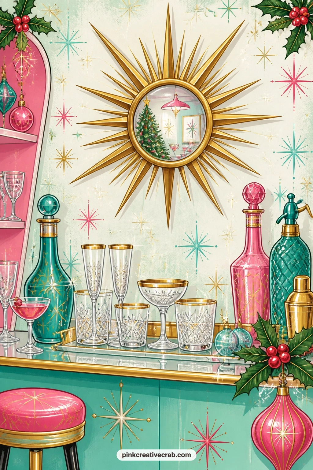 Starburst Bar Corner printable page — A gold starburst mirror hangs above a bar corner crowded with sparkling glassware, bottles catching the light in every