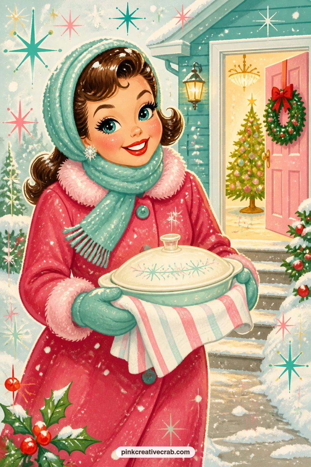 Guest Arriving Through Snow printable page — Bundled against the cold, a guest arrives through falling snow carrying a casserole dish wrapped carefully in a