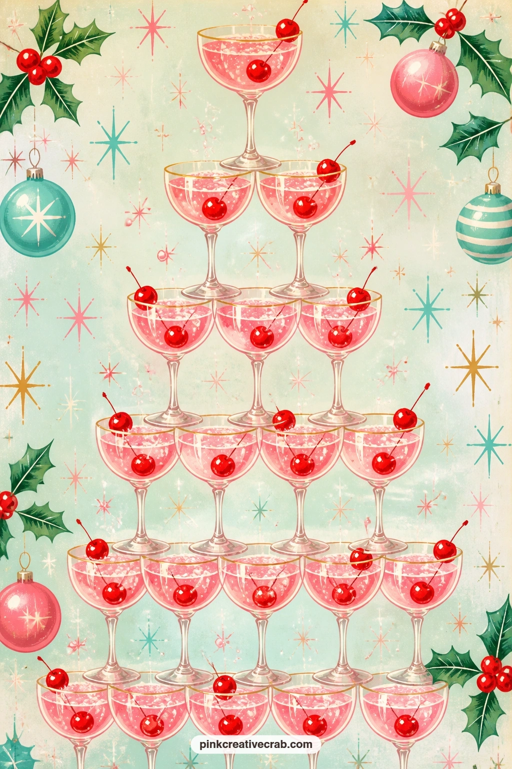Pink Champagne Tower printable page — Stacked glasses rise into a shimmering pink champagne tower, each one topped with a bright cherry, catching the light