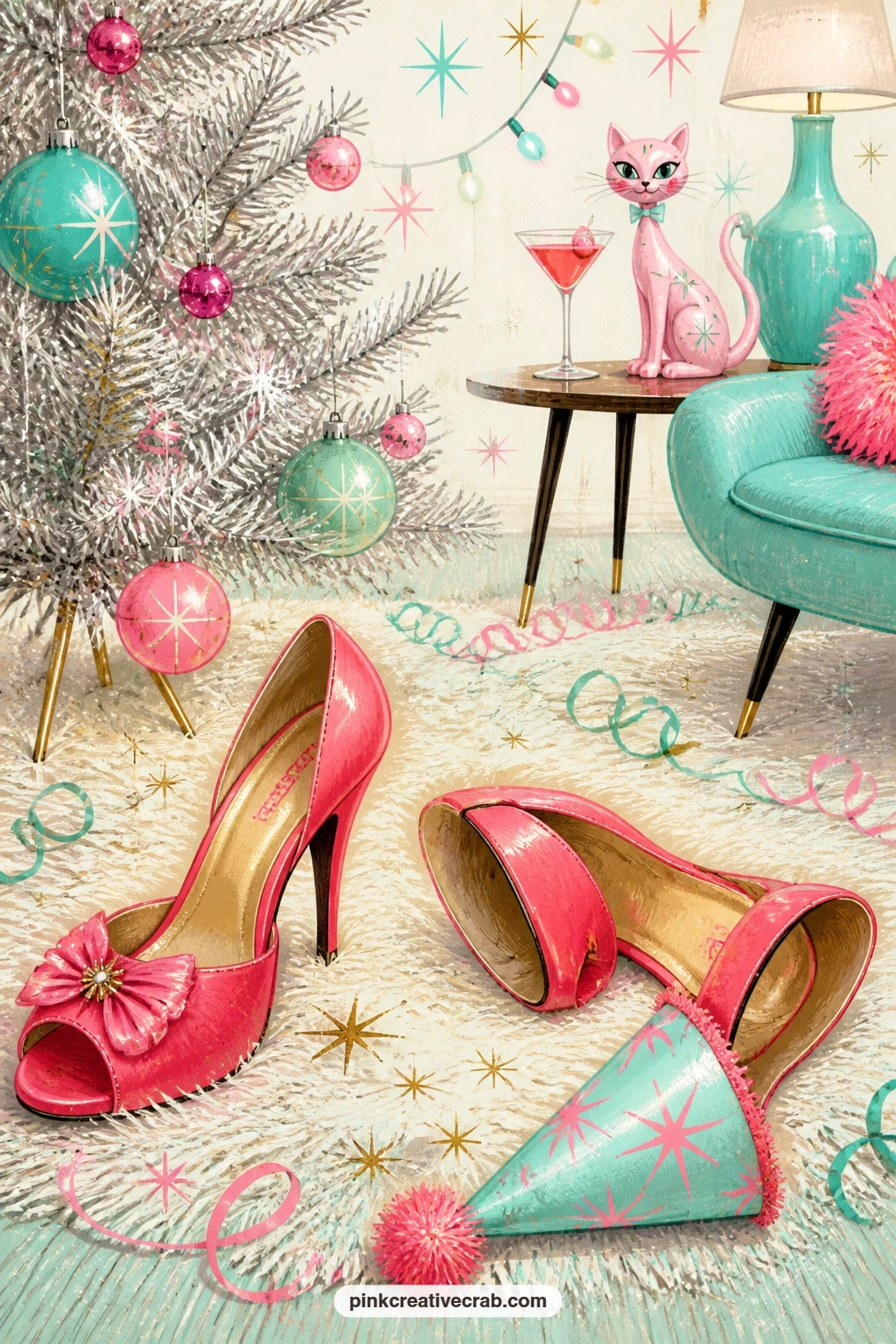 Heels By The Tree printable page — Kicked off beside the tinsel tree after the party winds down, a pair of high heels rests on the rug, catching the last glow