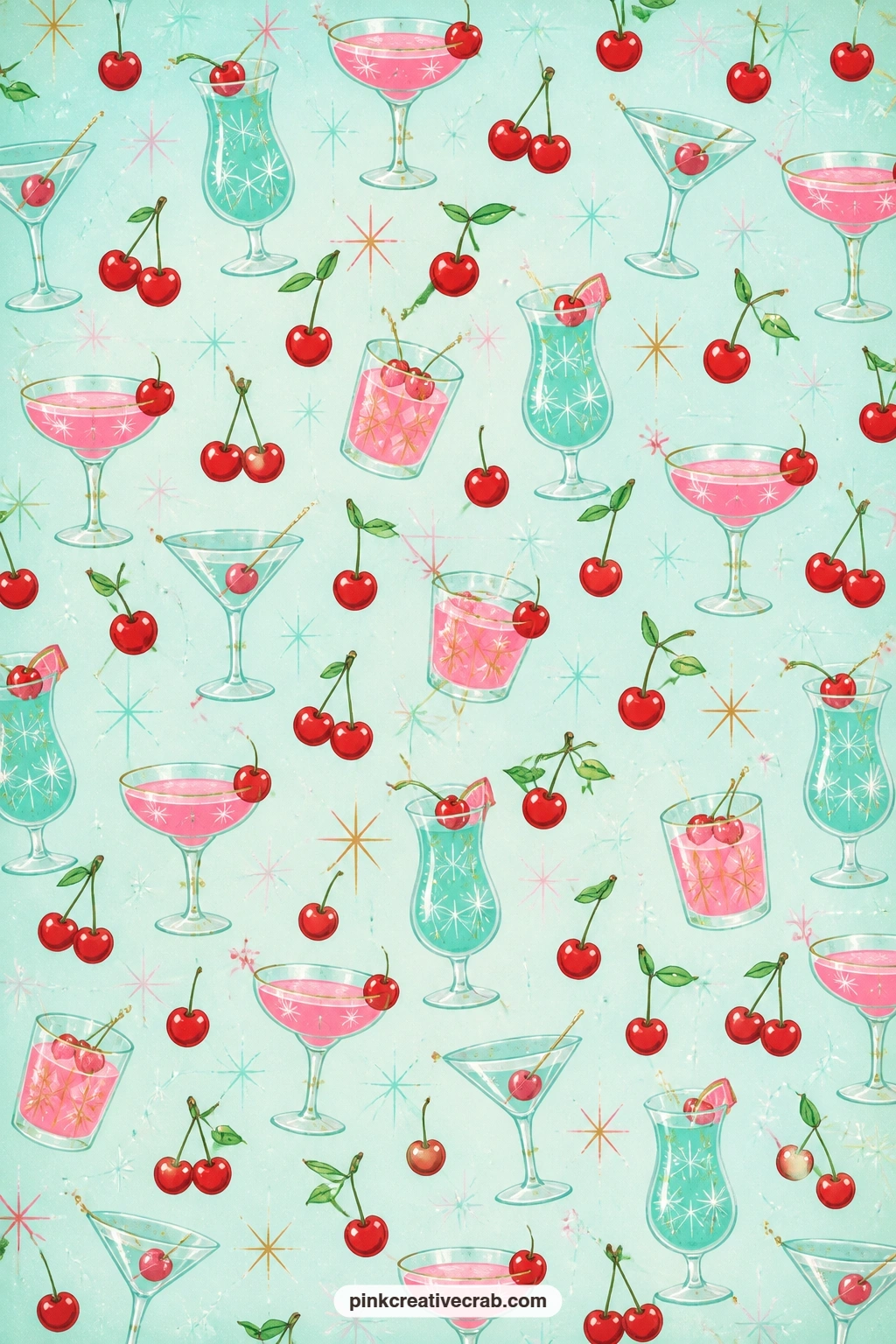 Cocktail And Cherry Pattern printable page — This pale aqua sheet repeats cocktail glasses and cherries across the page. Retro christmas party junk journal