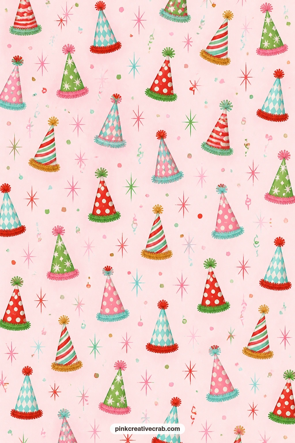 Party Hat And Confetti Pattern printable page — Scattered party hats and bursts of confetti cover this pale pink sheet, perfect behind a group photo, as a gift