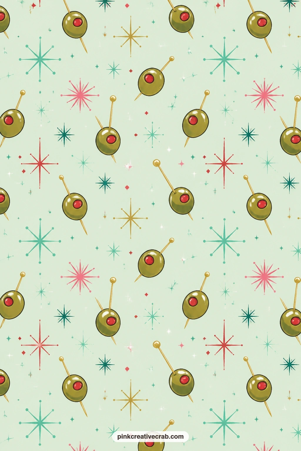 Martini Olive Starburst Paper printable page — Olives and atomic starbursts repeat across this mint sheet, ready to sit behind a cocktail cart photo, line the