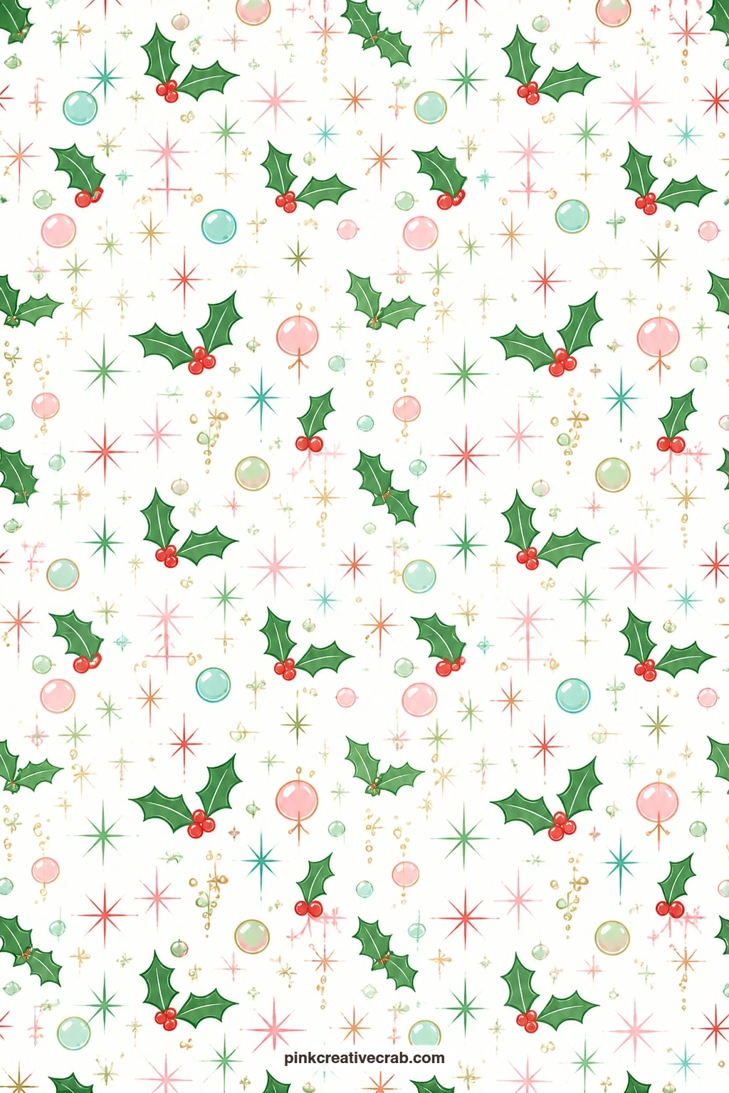 Holly And Bubble Pattern printable page — Sprigs of holly and rising champagne bubbles fill this white sheet, useful under a buffet photo, as a wrapping paper
