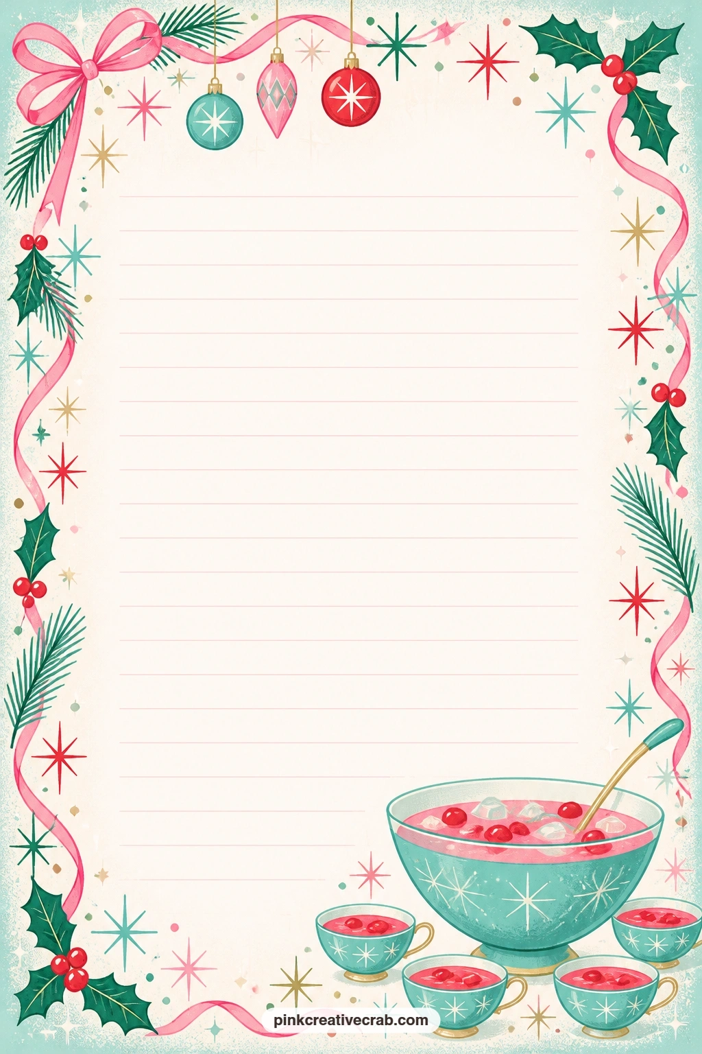 Punch Bowl Corner Lined Page printable page — A small punch bowl and ladle sit in the corner of this page, framing space for a guest list, a punch recipe, or