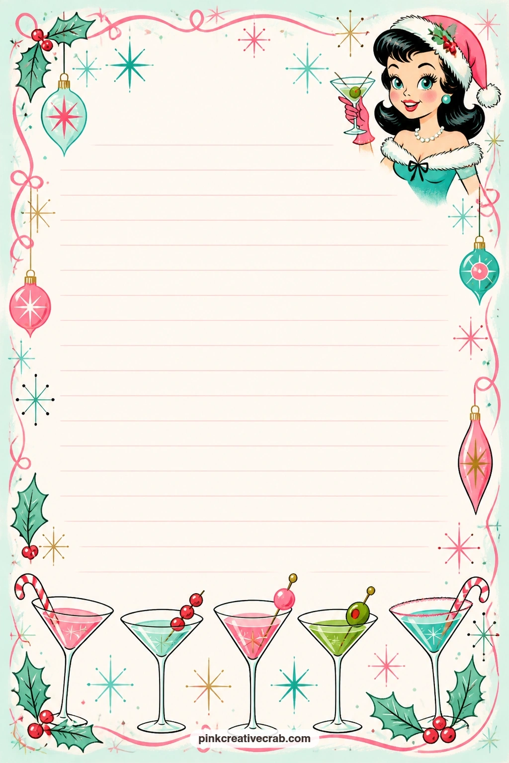 Cocktail Row Footer Lined Page printable page — A neat row of martini glasses lines the bottom edge of this page, leaving the center open for a drink menu, a