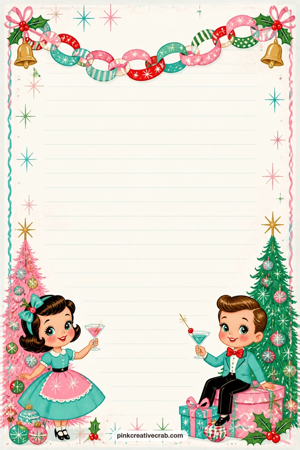 Paper Garland Top Band Lined Page printable page — Strung across the top of the page, a band of paper garland frames space below for a party playlist, a