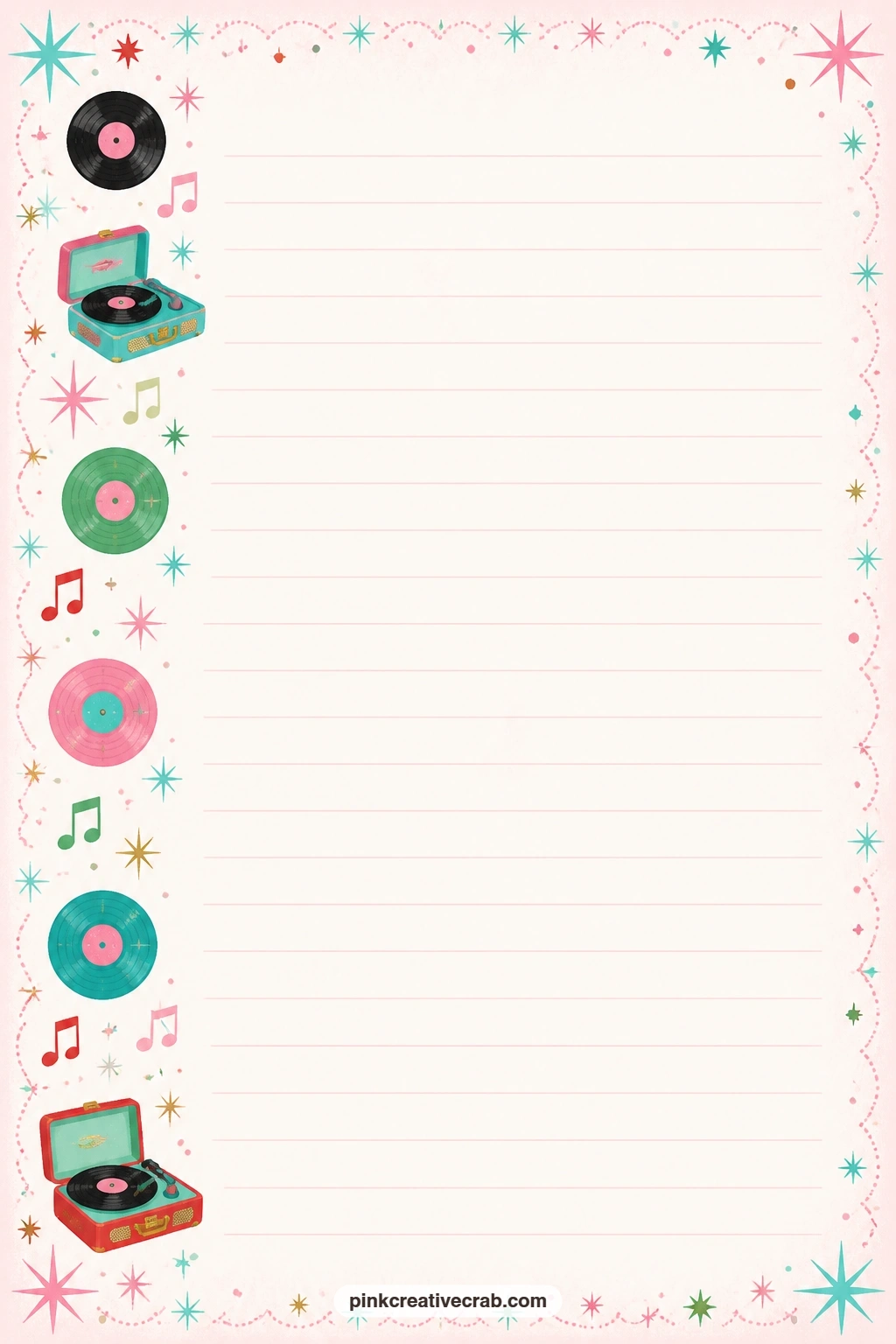 Record And Note Side Border Lined Page printable page — A thin side border of records and music notes runs down one edge of this page, framing space for the