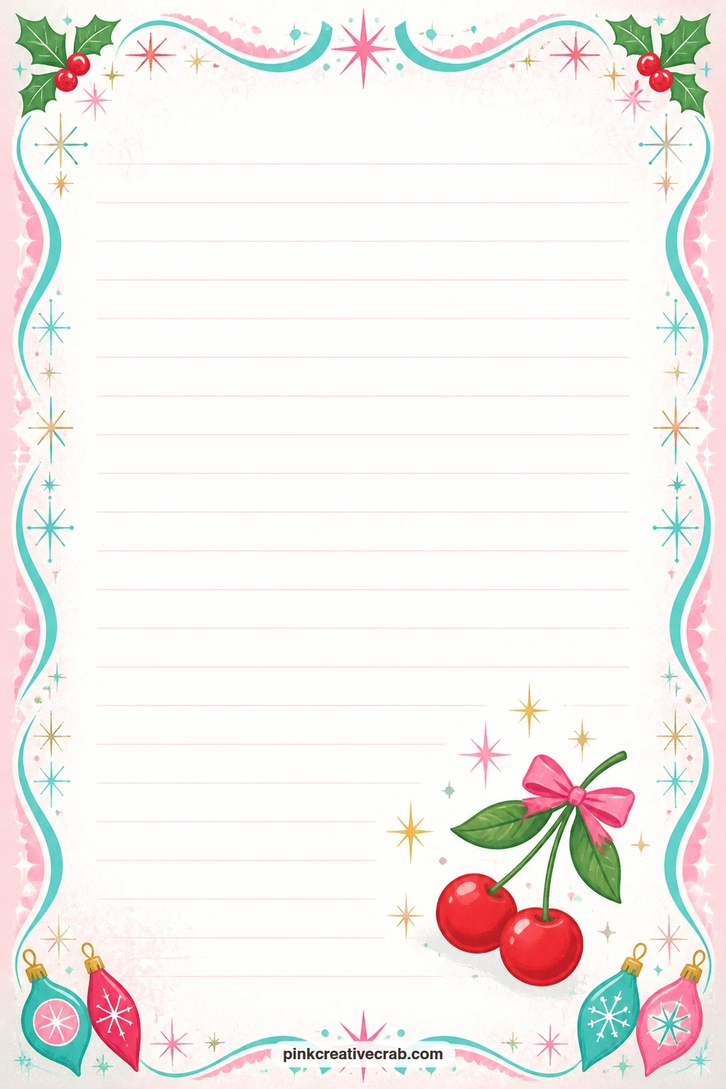 Cherry And Sparkle Corner Lined Page printable page — Bright cherries and small gold sparkles fill one corner of this page, leaving room for a letter to next