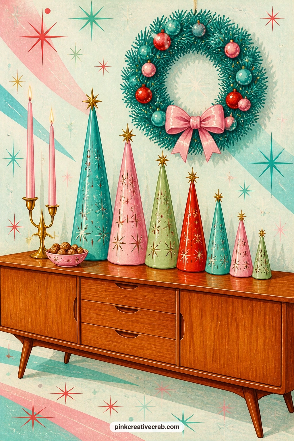 Teak Sideboard With Cone Trees printable page — Pair this sideboard with the boomerang and pine sprig background paper from this set: tuck a strip of it behind