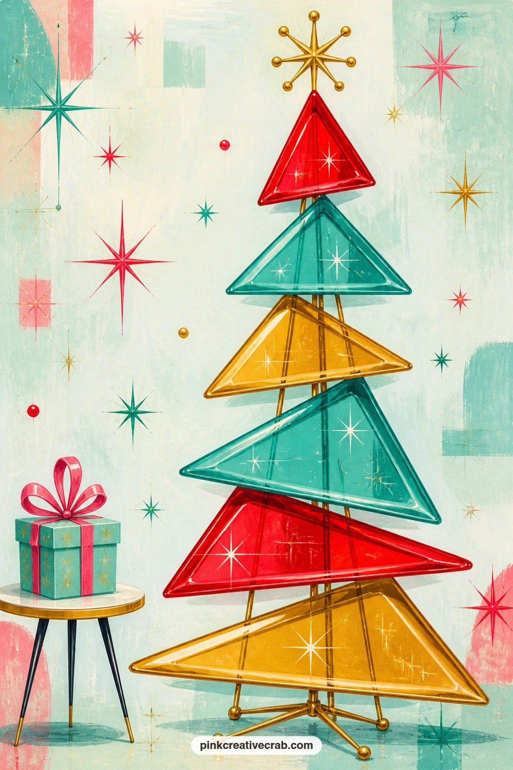 Abstract Triangle Glass Tree printable page — Built entirely from colored glass triangles stacked into a tree shape, this one rewards a simple caption like