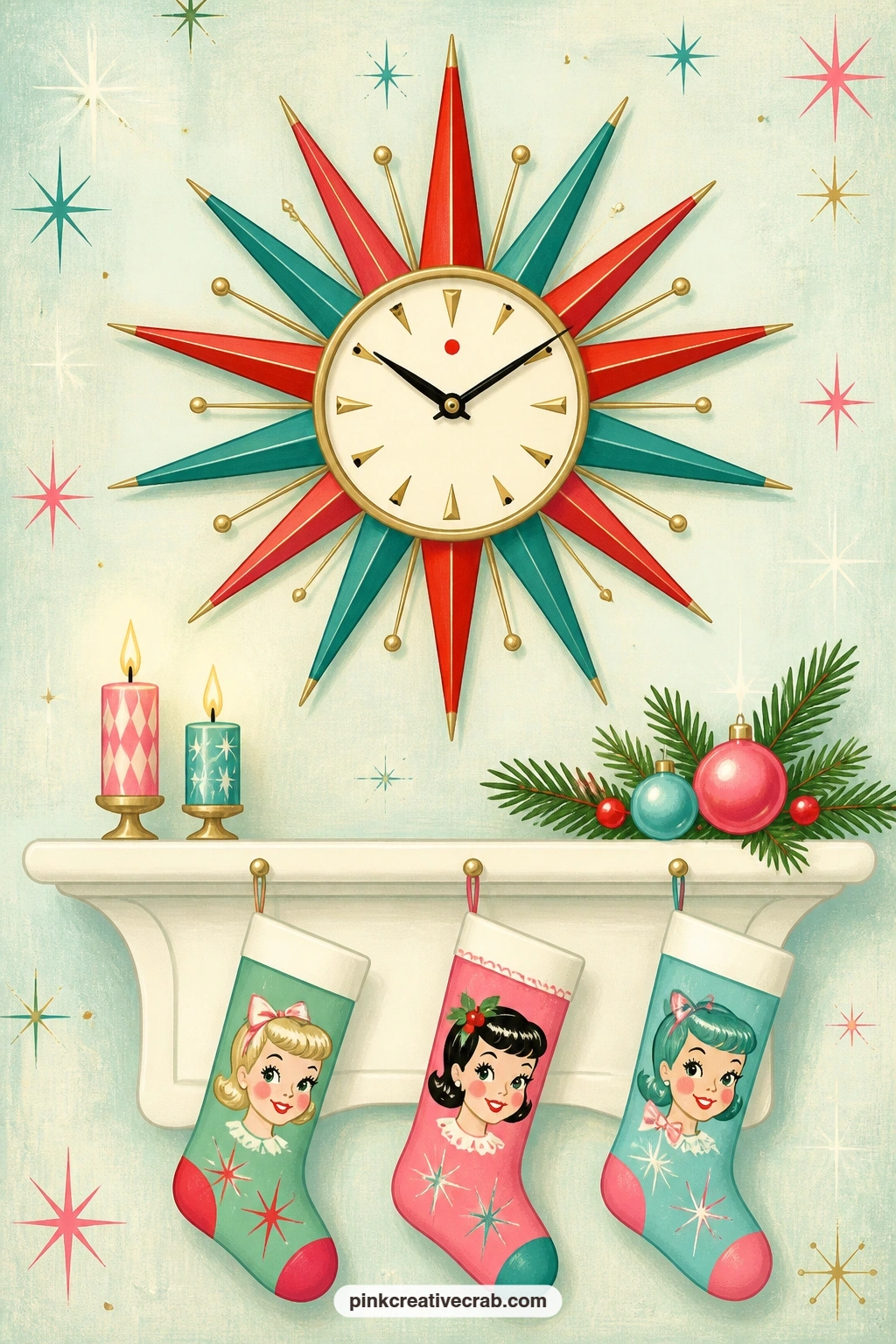 Starburst Clock And Stockings printable page — The usual mistake with a mantel scene is cramming it edge to edge with tiny objects until the starburst clock