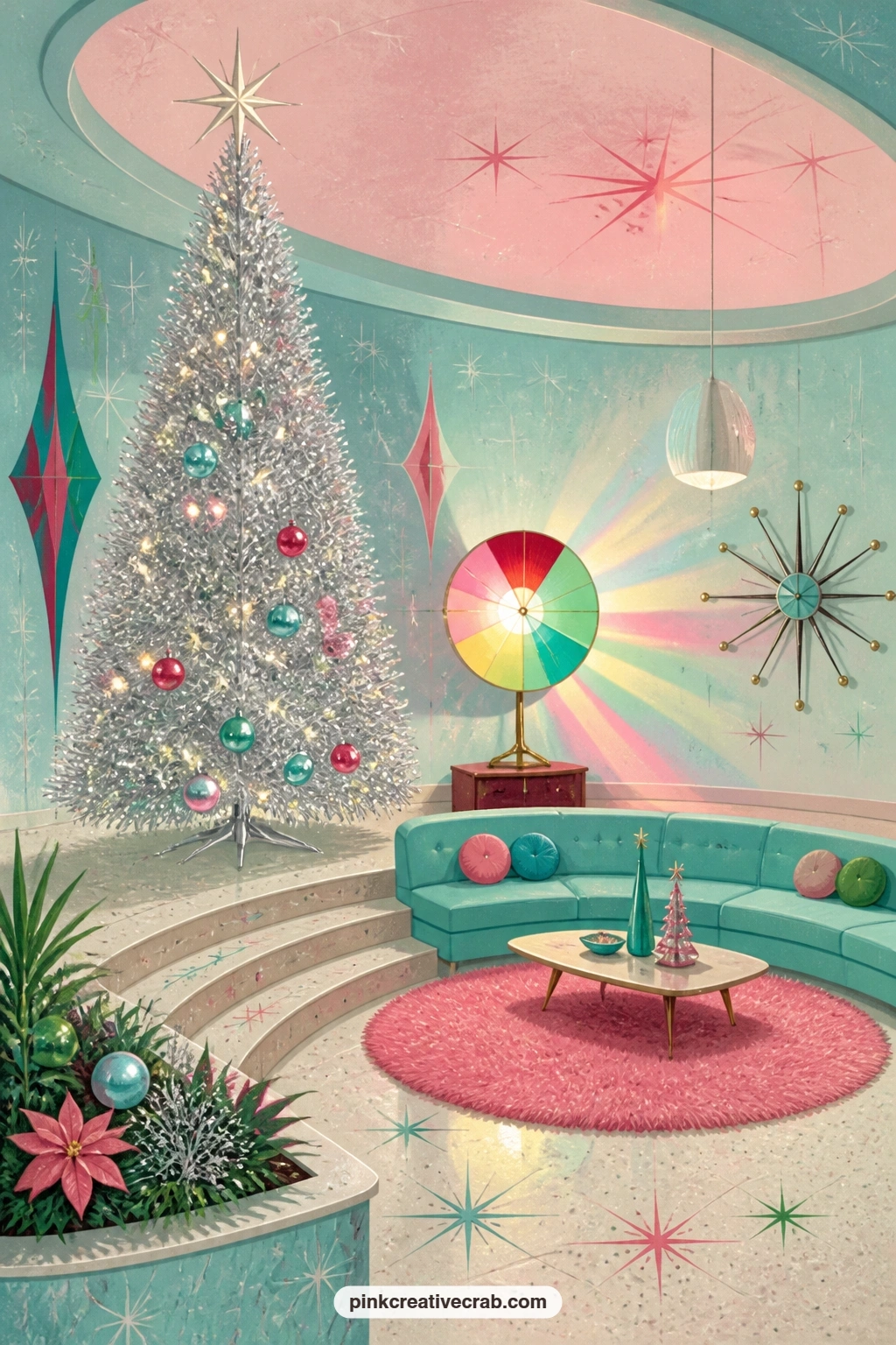 Sunken Room With Silver Tree printable page — A tall silver tree stands at the center of a sunken living room, a color wheel lamp slowly washing it in shifting