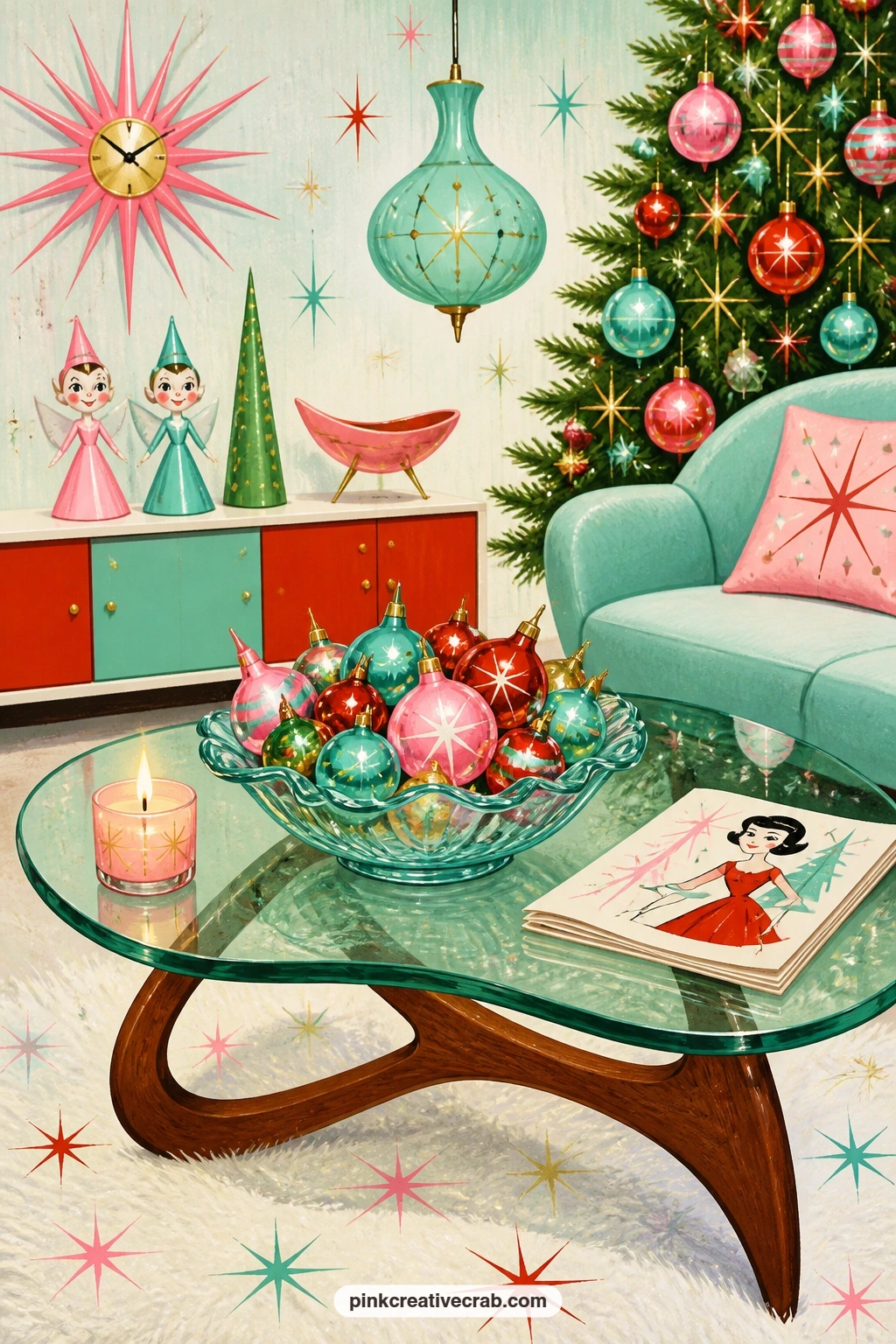 Glass Coffee Table Ornament Bowl printable page — A kidney shaped glass coffee table holds a bowl of spun glass ornaments in pink, mint and gold, with a folded