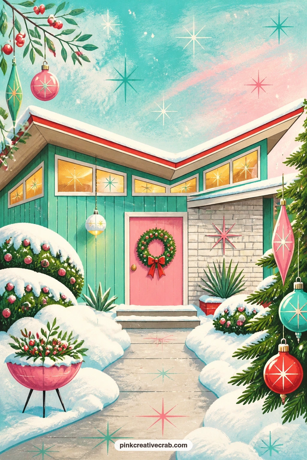 Butterfly Roof House With Wreath printable page — This page works well as a five minute version too: sketch only the house outline and the wreath color in
