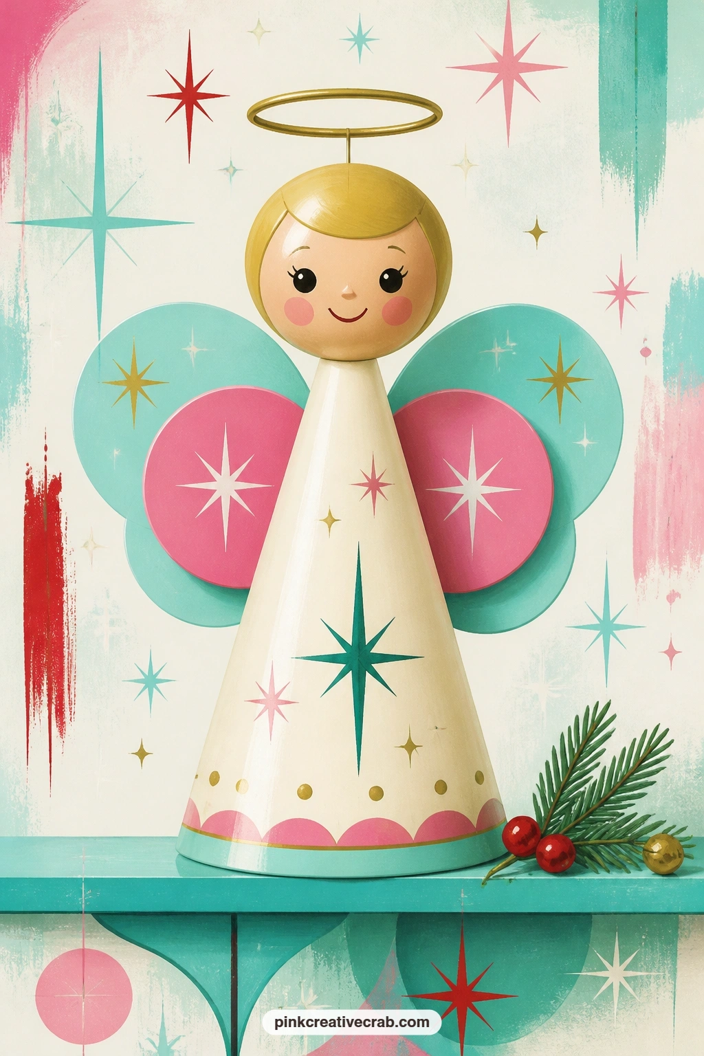 Abstract Cone And Circle Angel printable page — this modern angel is built entirely from simple cone and circle shapes, a halo made of thin gold rings floating