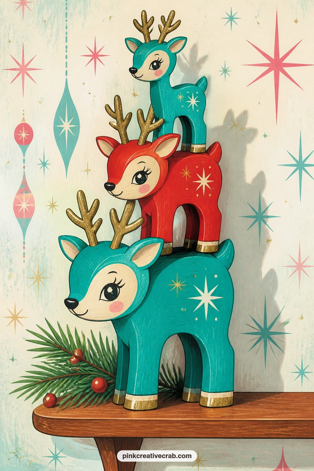Stacked Teal And Red Reindeer printable page — Try pairing this page with the teal and red atomic diamond background from this set: the small reindeer shapes