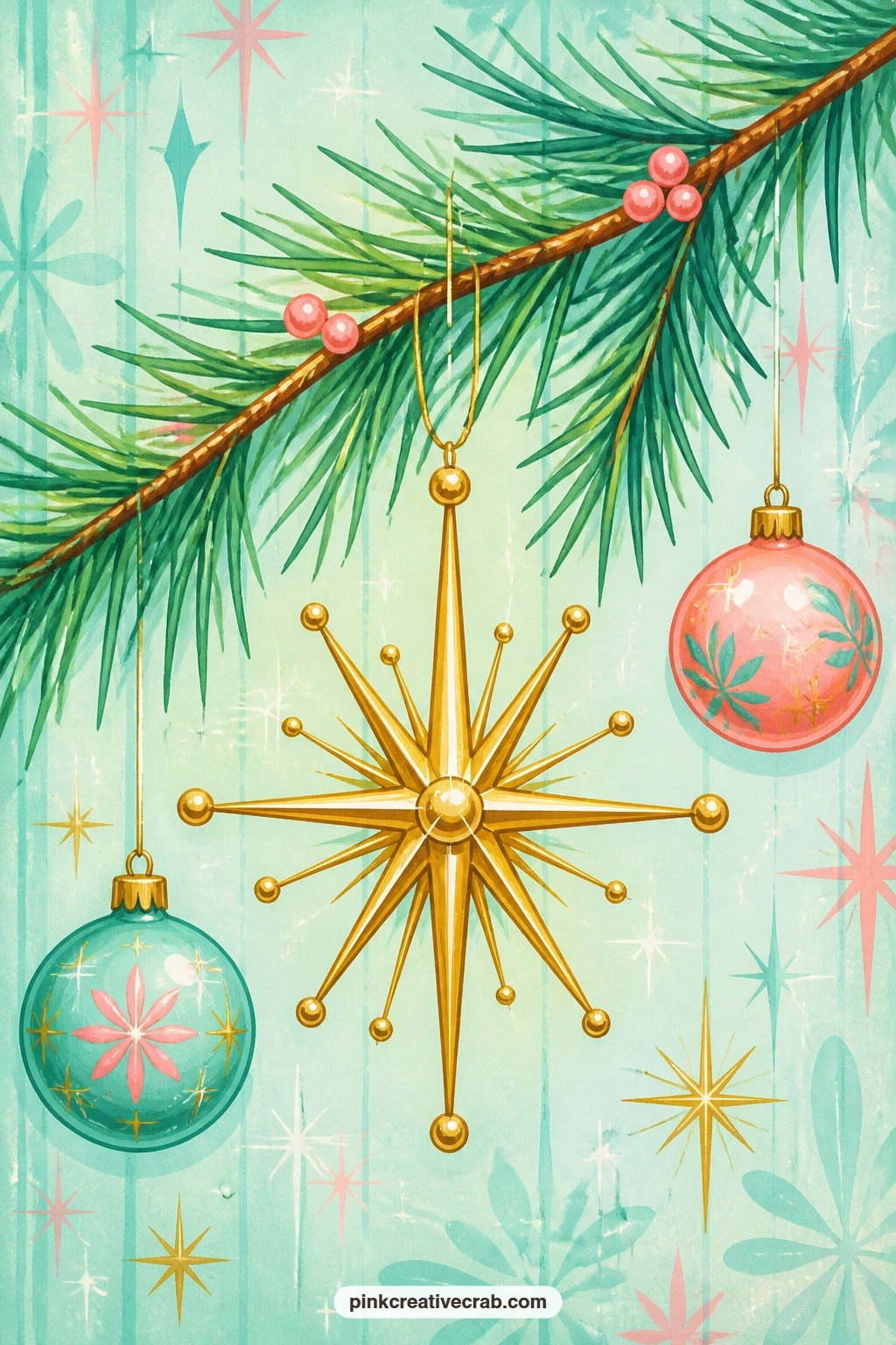 Starburst Ornament On Pine Branch printable page — A single gold starburst ornament hangs from a long needle pine branch stretched across the page, with two