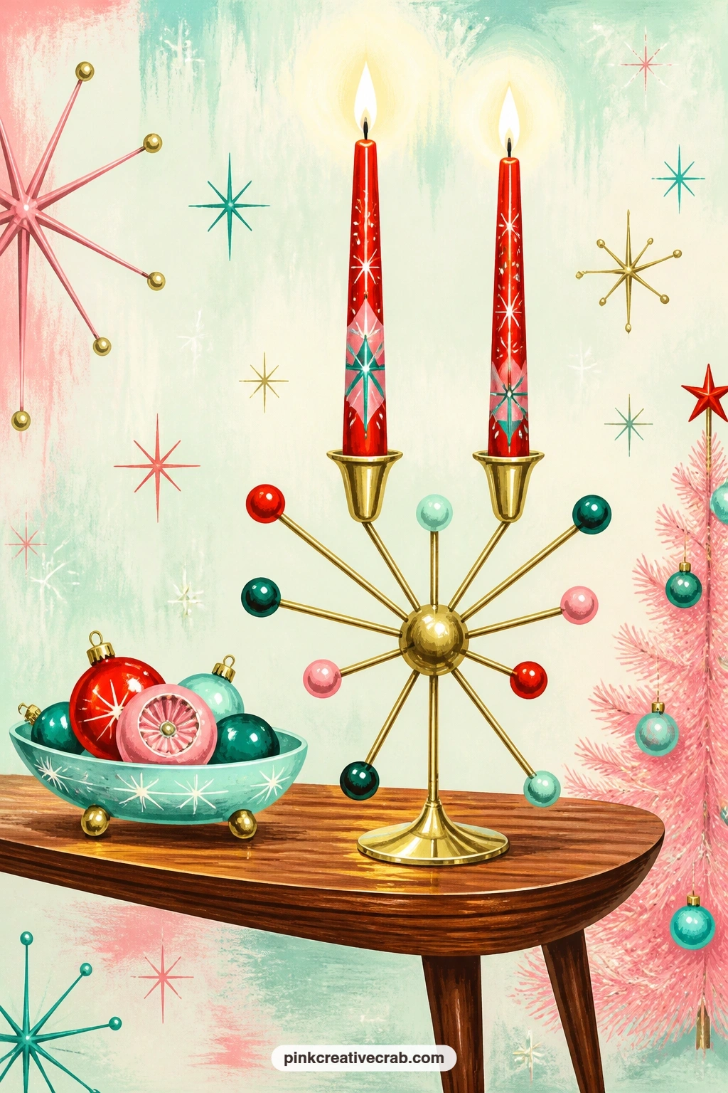 Sputnik Candelabra On Teak Table printable page — Place this one across from the sputnik star and dot background paper in this set and let the candle flames