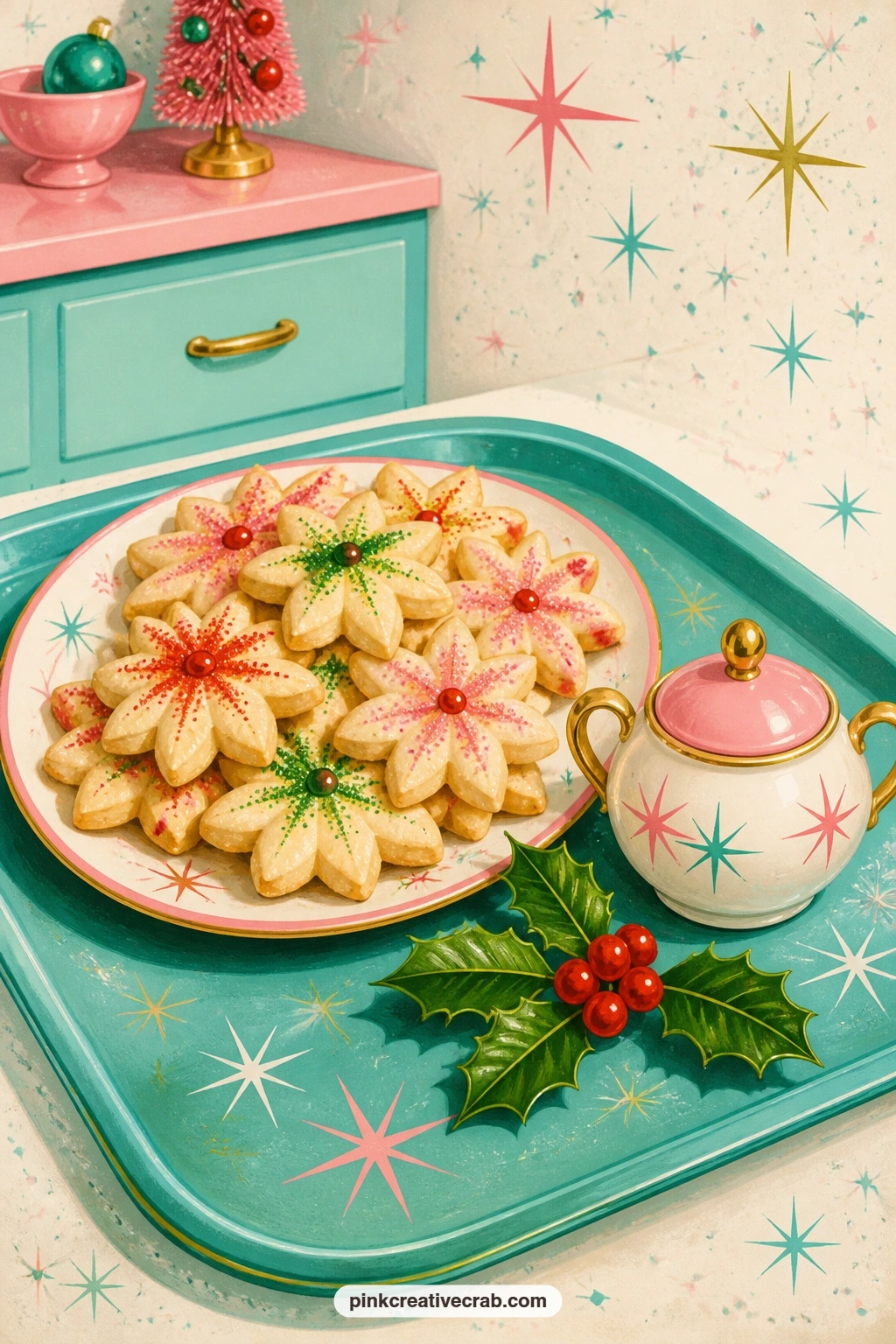 Spritz Cookies On Turquoise Tray printable page — A plate of star shaped spritz cookies sits on a turquoise melamine tray, a small sugar bowl and a sprig of