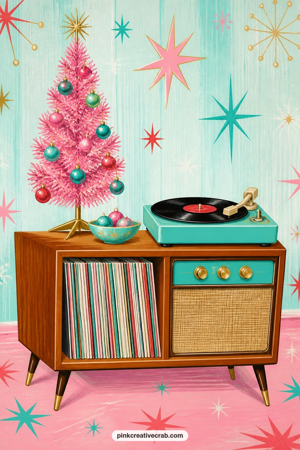 Hi-Fi Cabinet With Tinsel Tree printable page — Writers who like a soundtrack for their pages should glue a small record label cutout onto this one, right