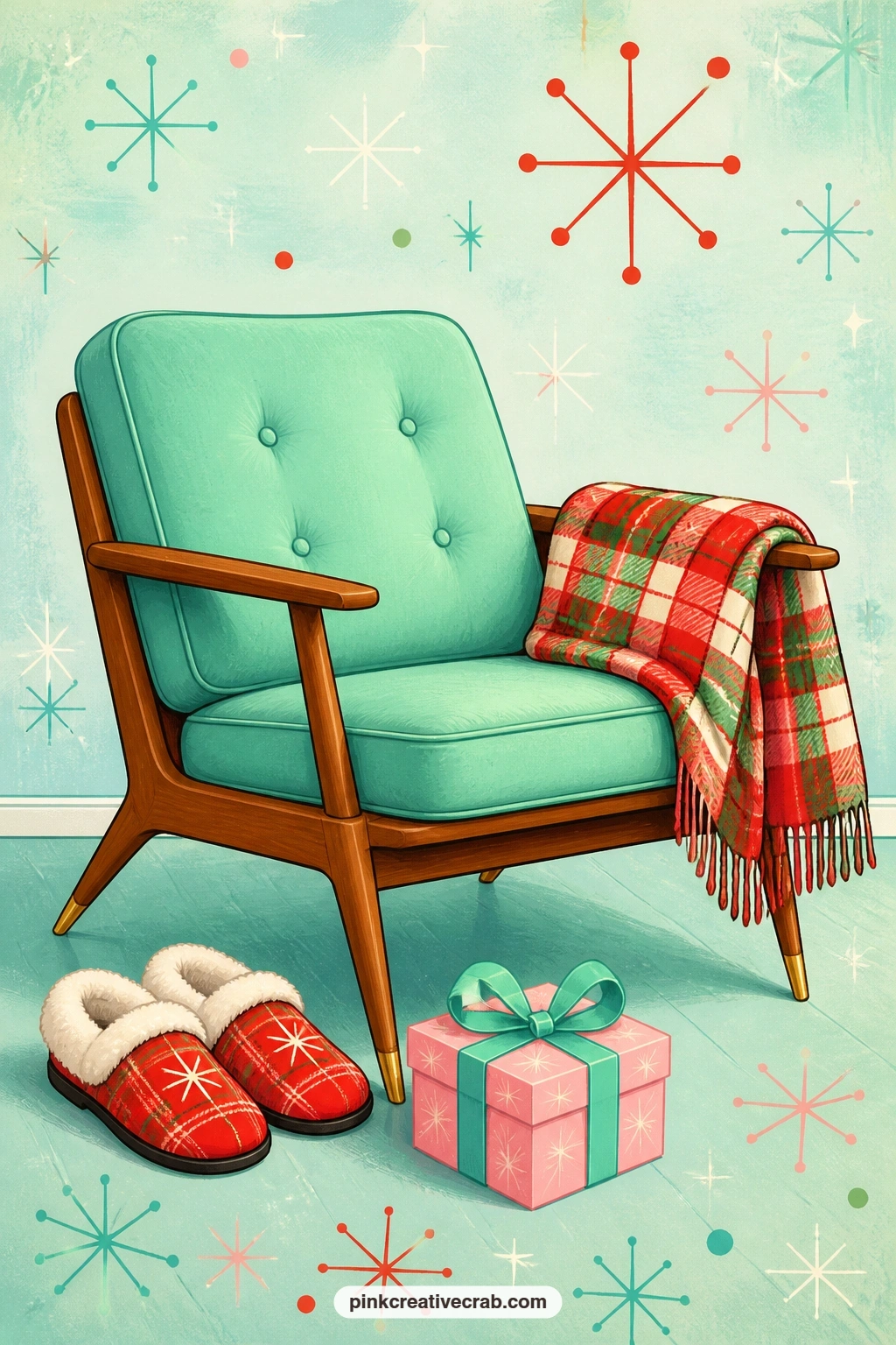 Low Armchair With Plaid Throw printable page — The usual mistake with a cosy chair page is leaving it too empty; here a plaid throw, a pair of slippers and a