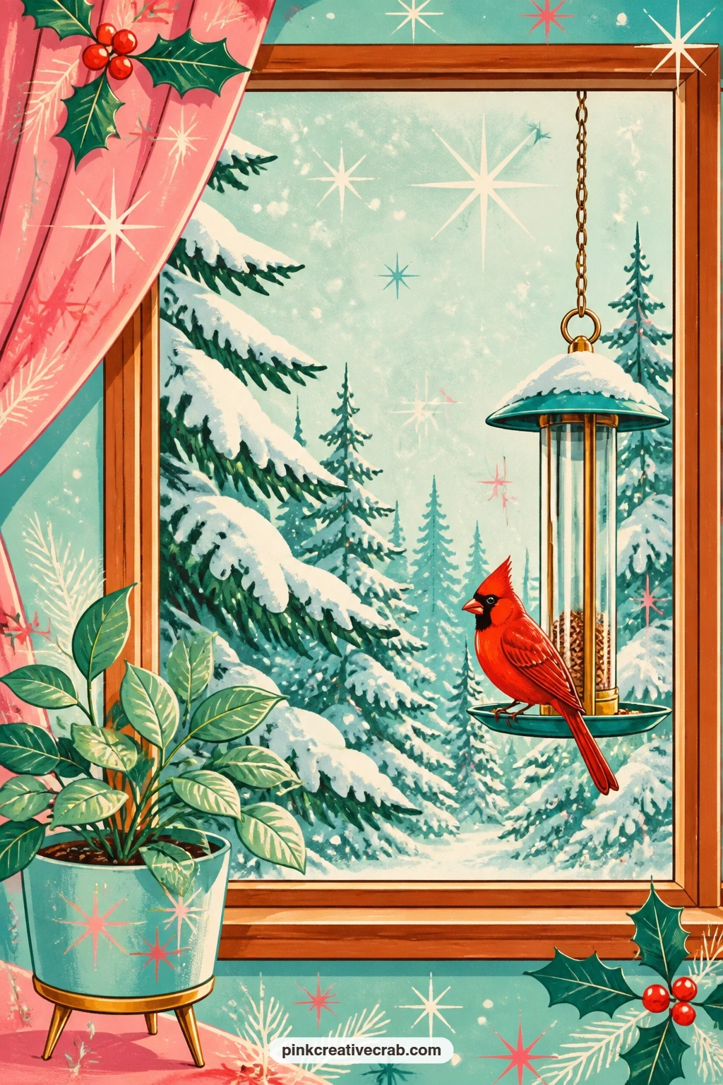 Picture Window With Cardinal printable page — This is a quiet page, so let the whole sheet carry the scene: a wide picture window framed in thin teak trim