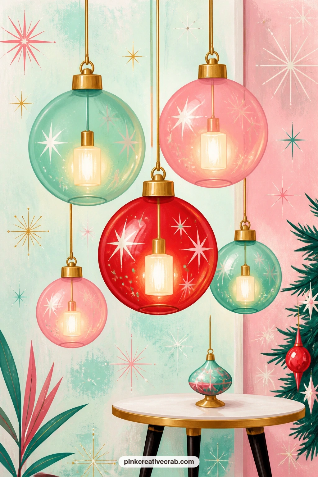 Hanging Glass Bauble Lamps printable page — A cluster of round glass bauble lamps hangs in mint, pink and red above a small side table, their glow painted soft